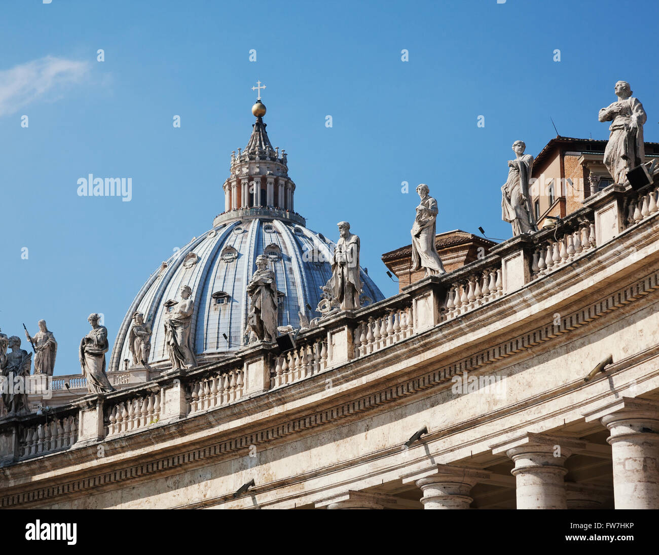 Italy, Lazio, Rome, Vatican City: Dome Of St. Peter Basilica Bernini's Colonnade. Low Angle View. Stock Photo