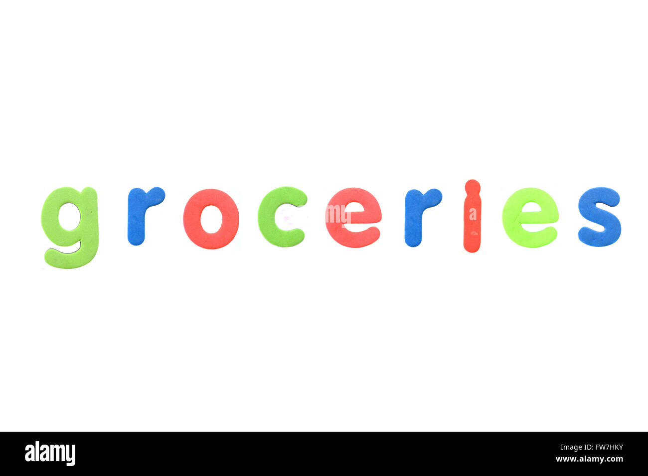 The word Groceries created from magnetic fridge alphabet pieces