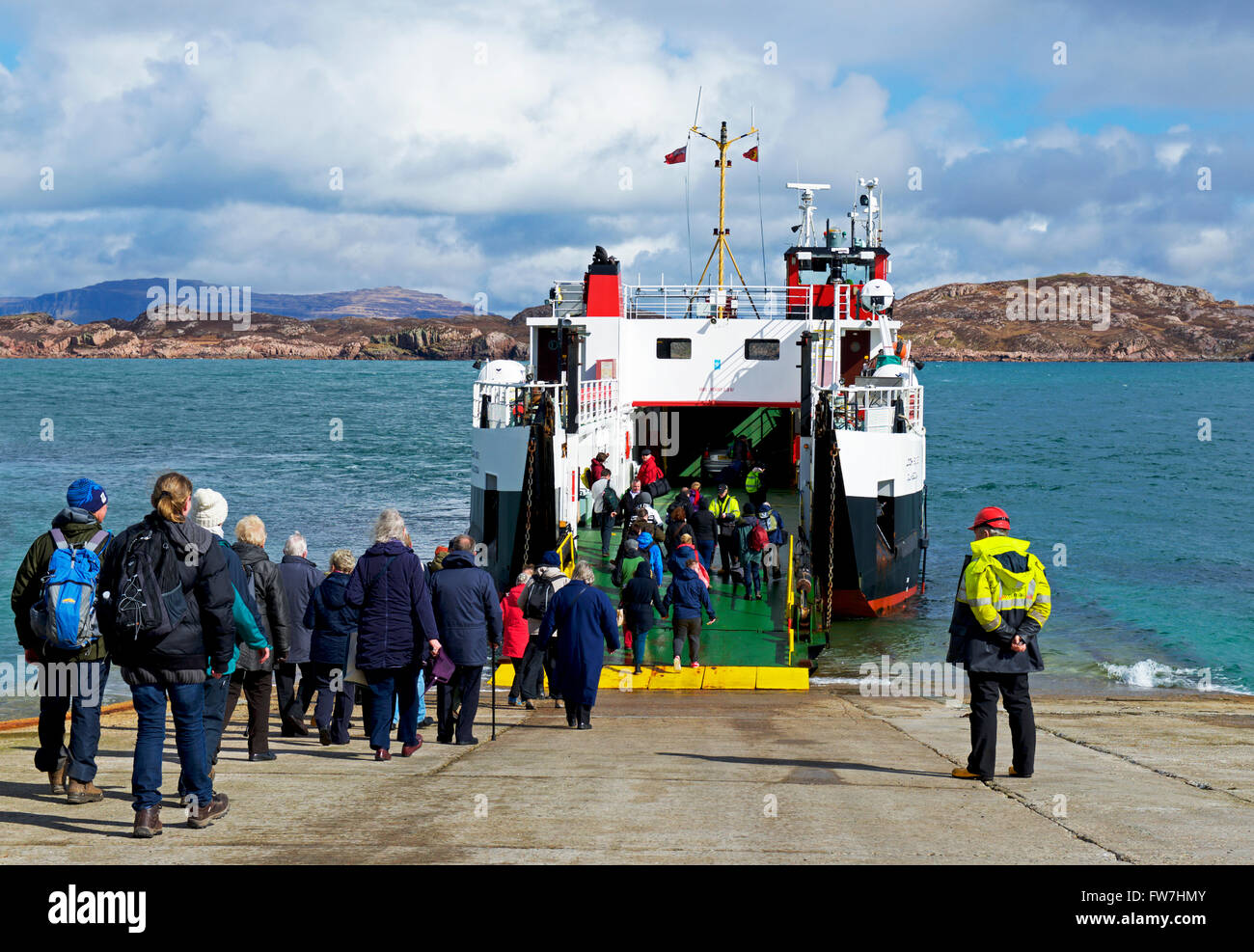 CalMac ferry leaving the Isle of Iona, heading for the Isle of Mull ...