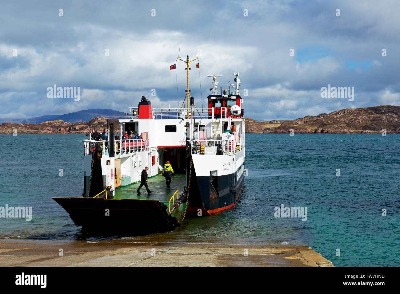 CalMac ferry leaving the Isle of Iona, heading for the Isle of Mull ...