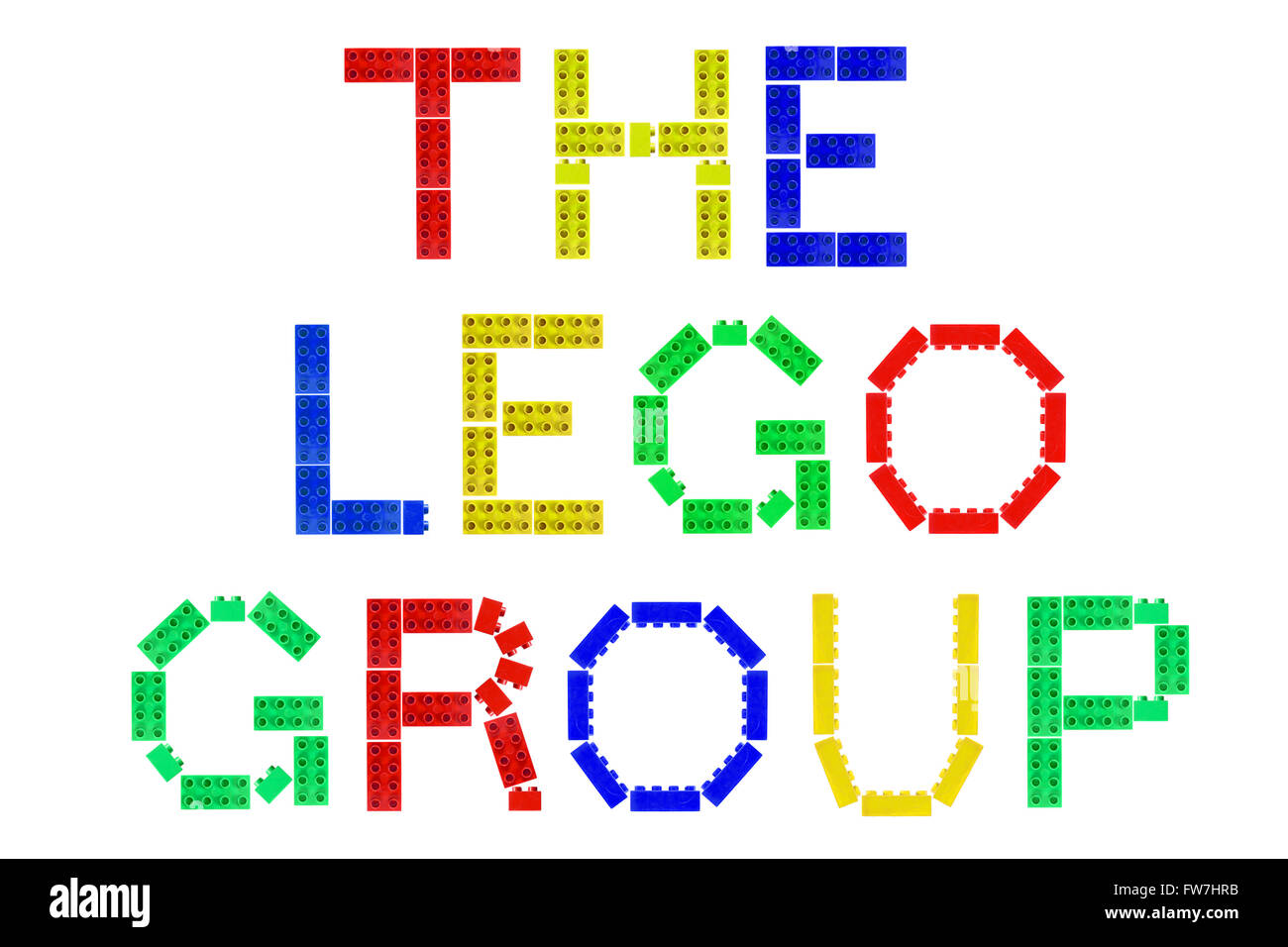 The Lego Group created from Lego pieces photographed against a white background. Stock Photo