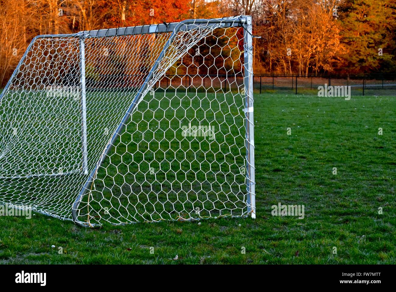 Soccer goal in a field during fall season. Stock Photo