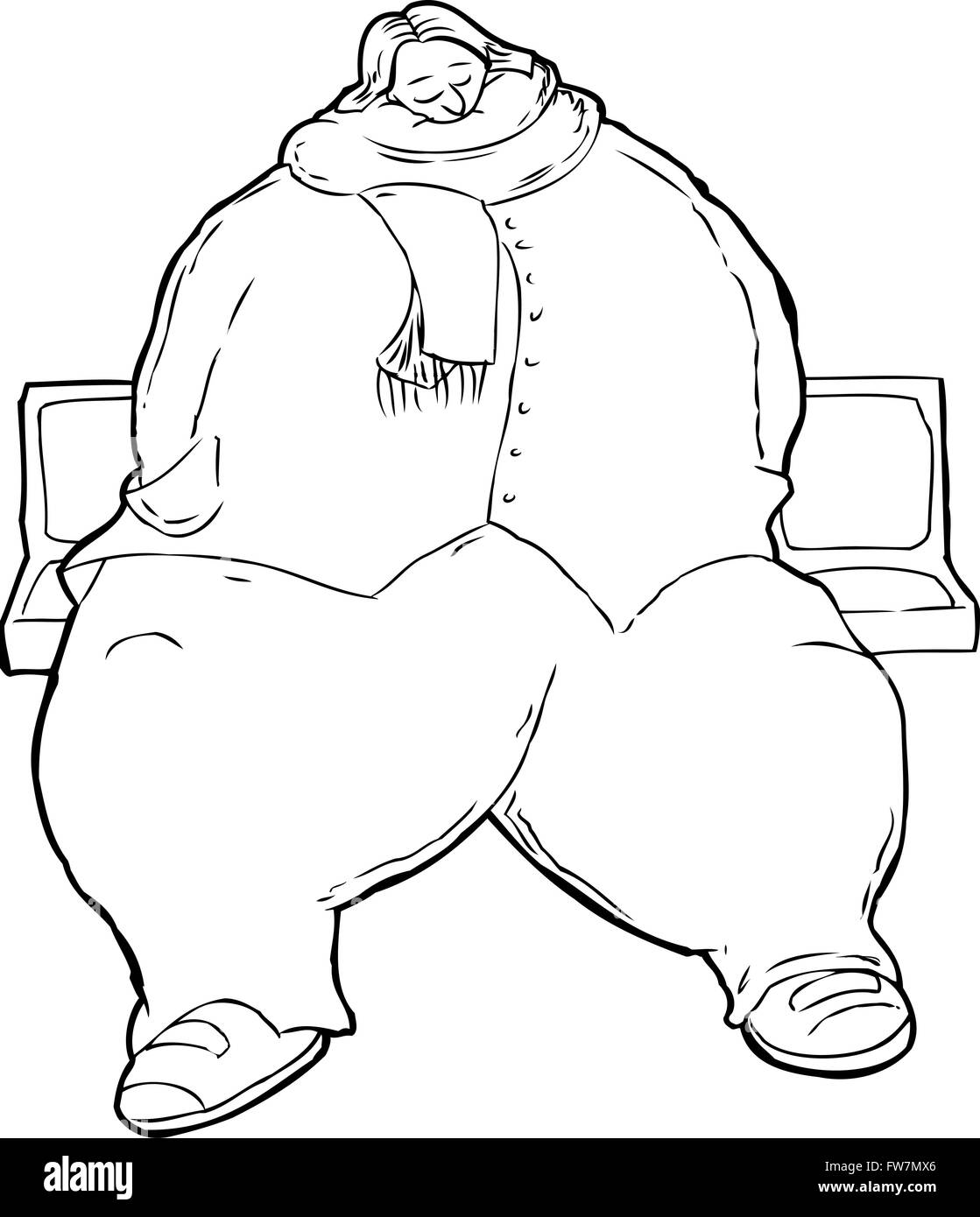 Outline cartoon of single obese European woman sitting on bus seat Stock Photo