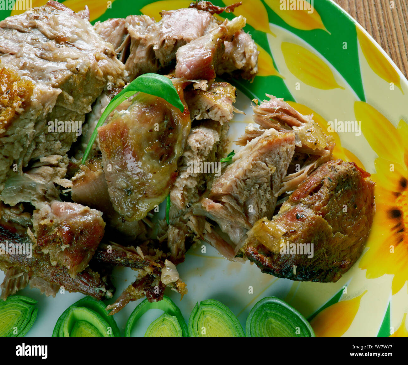 Pork braised in Milk and  Fresh Herbs -  Maiale al Latte.San Marino and Italy Dish. Stock Photo