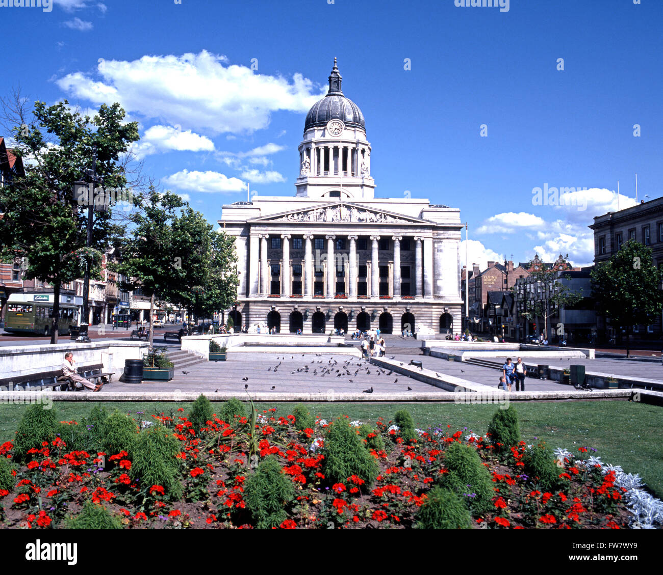 View of the Council House in the old Market Square with pretty flowerbeds in the foreground, Nottingham, Nottinghamshire, UK. Stock Photo