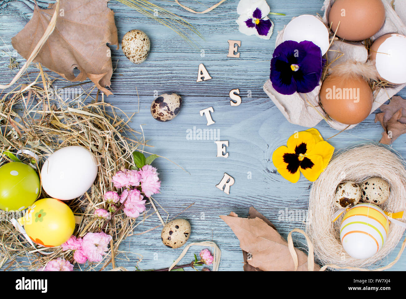 Easter background with eggs and flowers Stock Photo - Alamy
