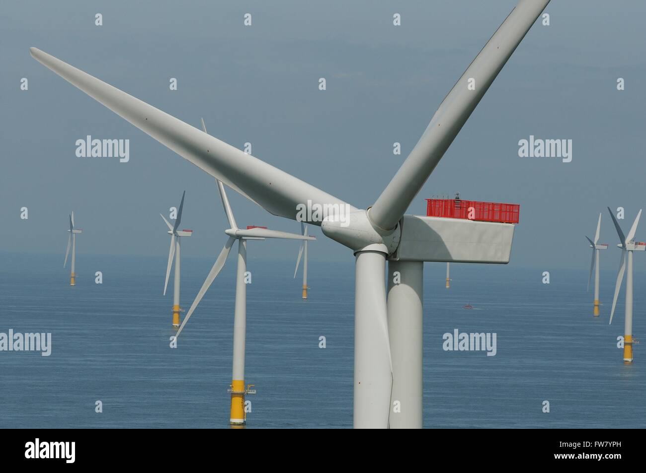 Offshore wind turbines at the Greater Gabbard wind farm off the coast of Suffolk, England. The alternative energy project was completed in 2012 at a cost of $2 billion dollars. Stock Photo