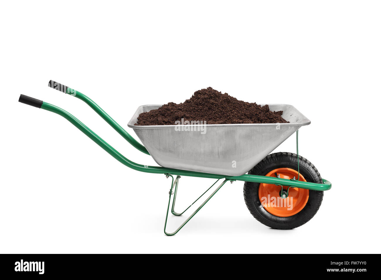 Studio shot of a wheelbarrow full of dirt isolated on white background