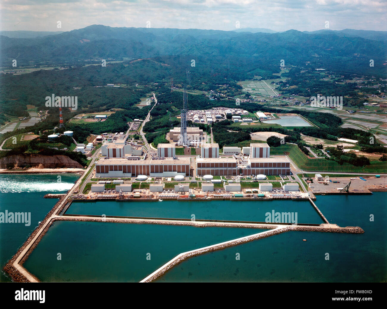 Aerial view of the Fukushima Daiichi Nuclear Power Station February 21, 2007 in Okuma, Japan. The plant suffered a catastrophic meltdown of three of the plant's six nuclear reactors in March 2011. Stock Photo