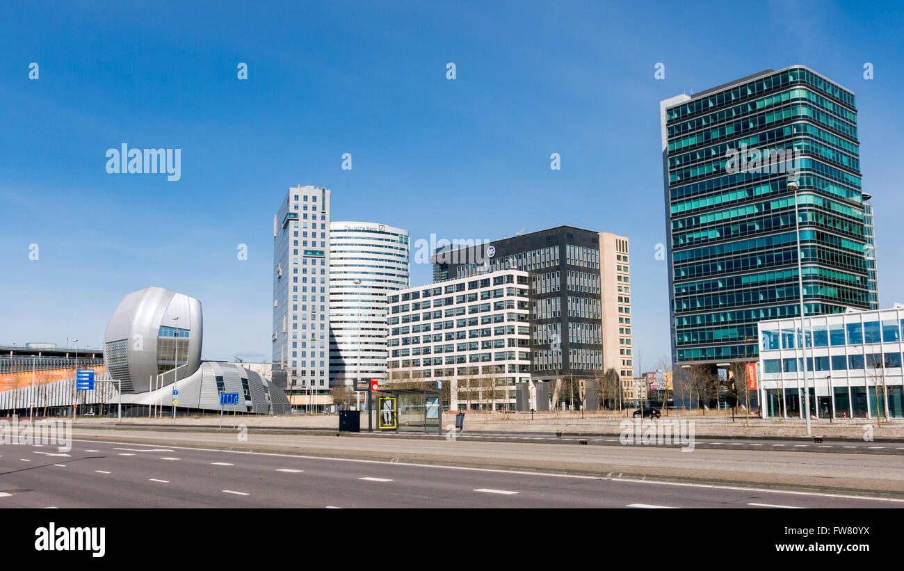 Amsterdam business disctrict Zuid-oost - office buildings Living Tomorrow, Alpha Tower, Oval Tower, Entree II Tower, Netherlands Stock Photo
