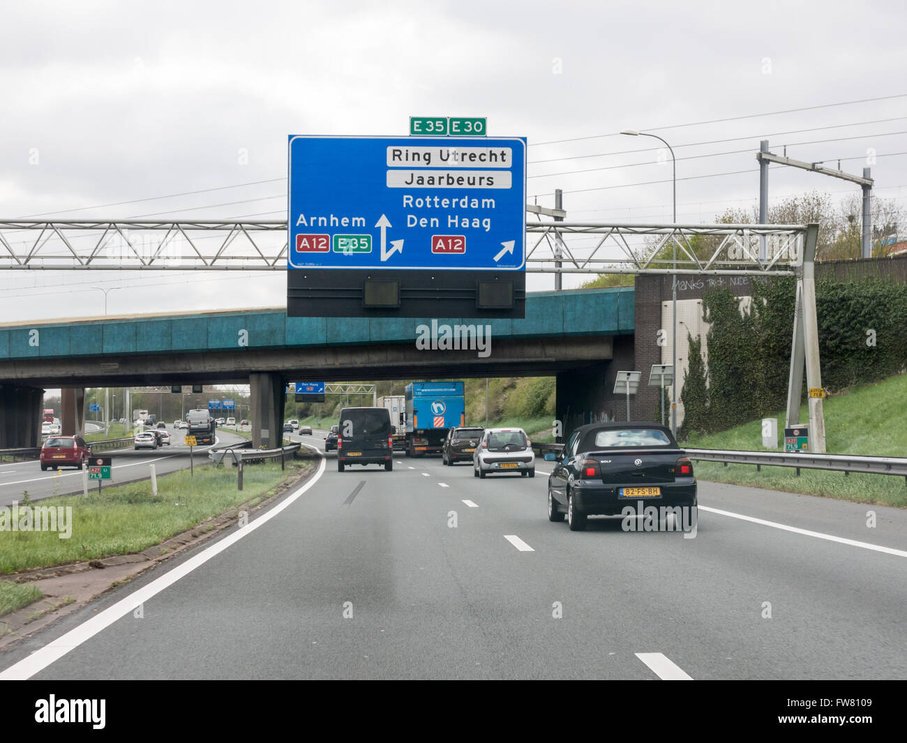 Traffic and route information panels on motorway A27 in Utrecht ...