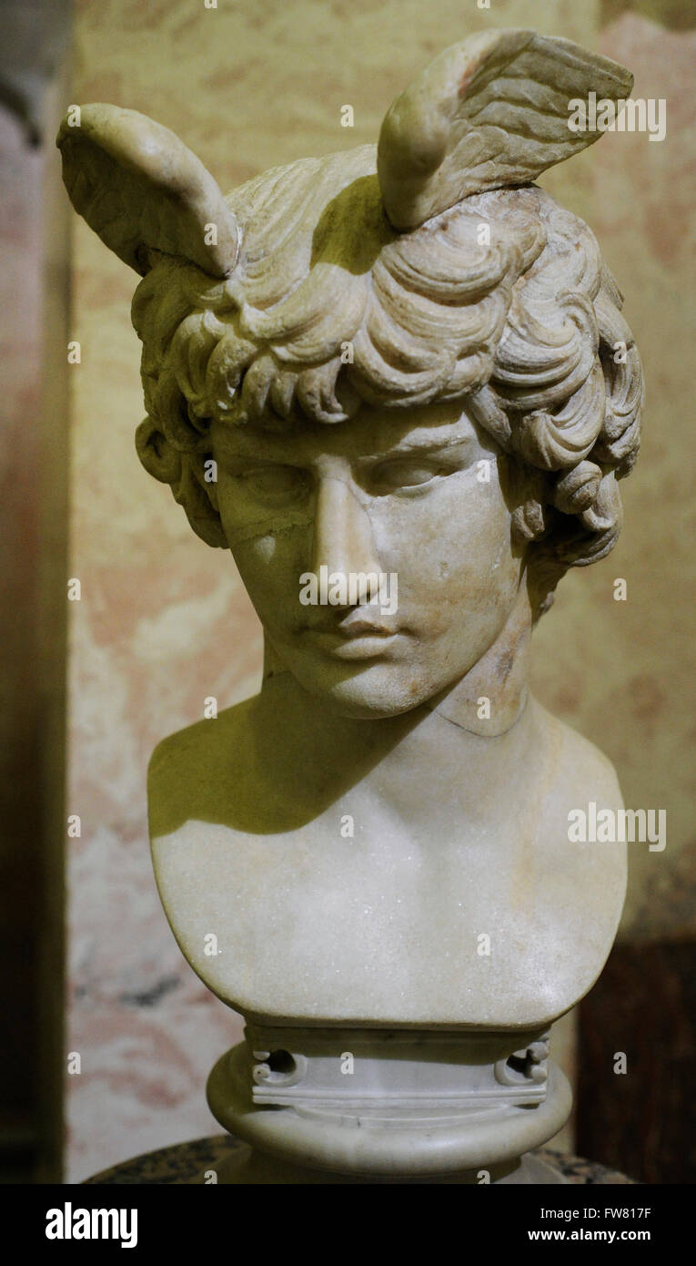Bust of Antinous (111-130). Bithynian Greek youth an a favorite or lover of Hadrian. Roman work. 2nd century Ad. Marble. The State Hermitage Museum. Saint Petersburg. Russia. Stock Photo