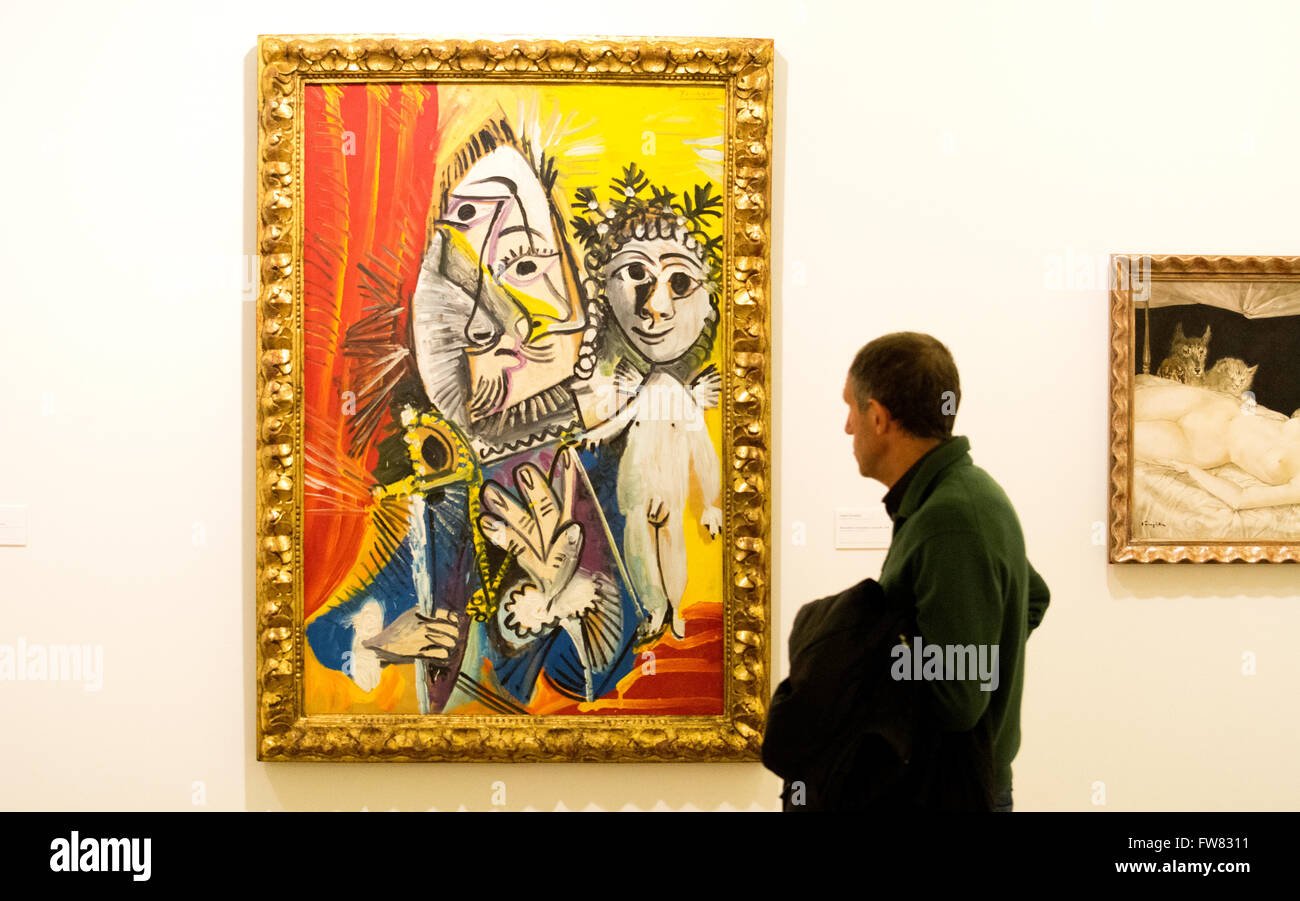 Oviedo, Spain. 31st March, 2016. A visitor watchs the oil painting 'Mosquetero con espada y amorcillo' (1969) of Pablo Picasso during the reopening of Museum of Fine Arts of Asturias on March 31, 2016 in Oviedo, Spain. Credit:  David Gato/Alamy Live News Stock Photo