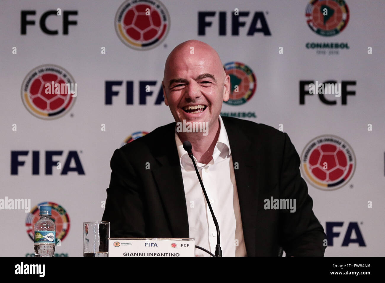 Bogota, Colombia. 31st Mar, 2016. The President of the International Federation of Association Football (FIFA) Gianni Infantino reacts during a press conference at the Colombian Football Federation headquarters in Bogota, Colombia, on March 31, 2016. © Jhon Paz/Xinhua/Alamy Live News Stock Photo