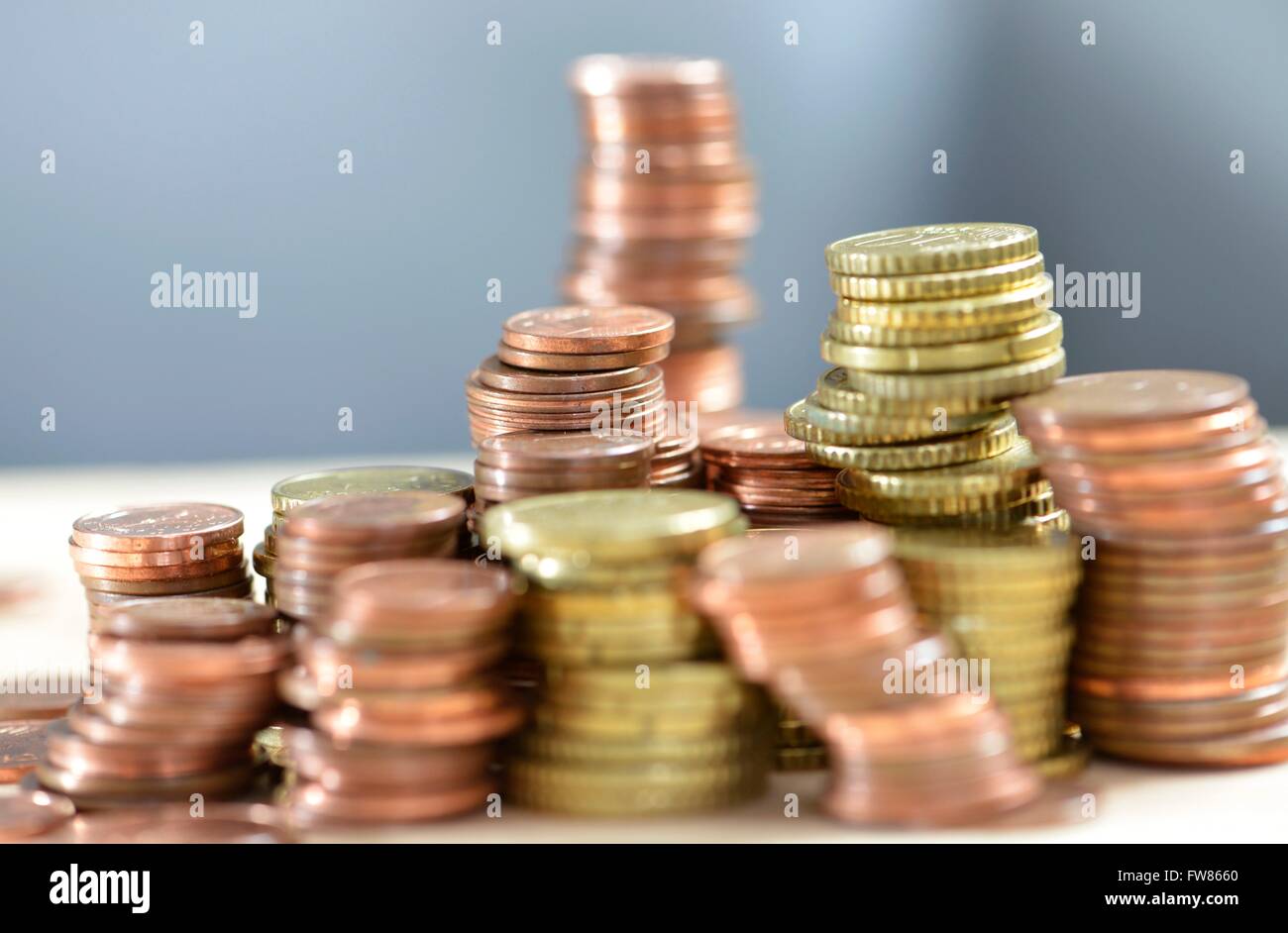 coins on a table, Freiburg, March 1, 2016. Stock Photo