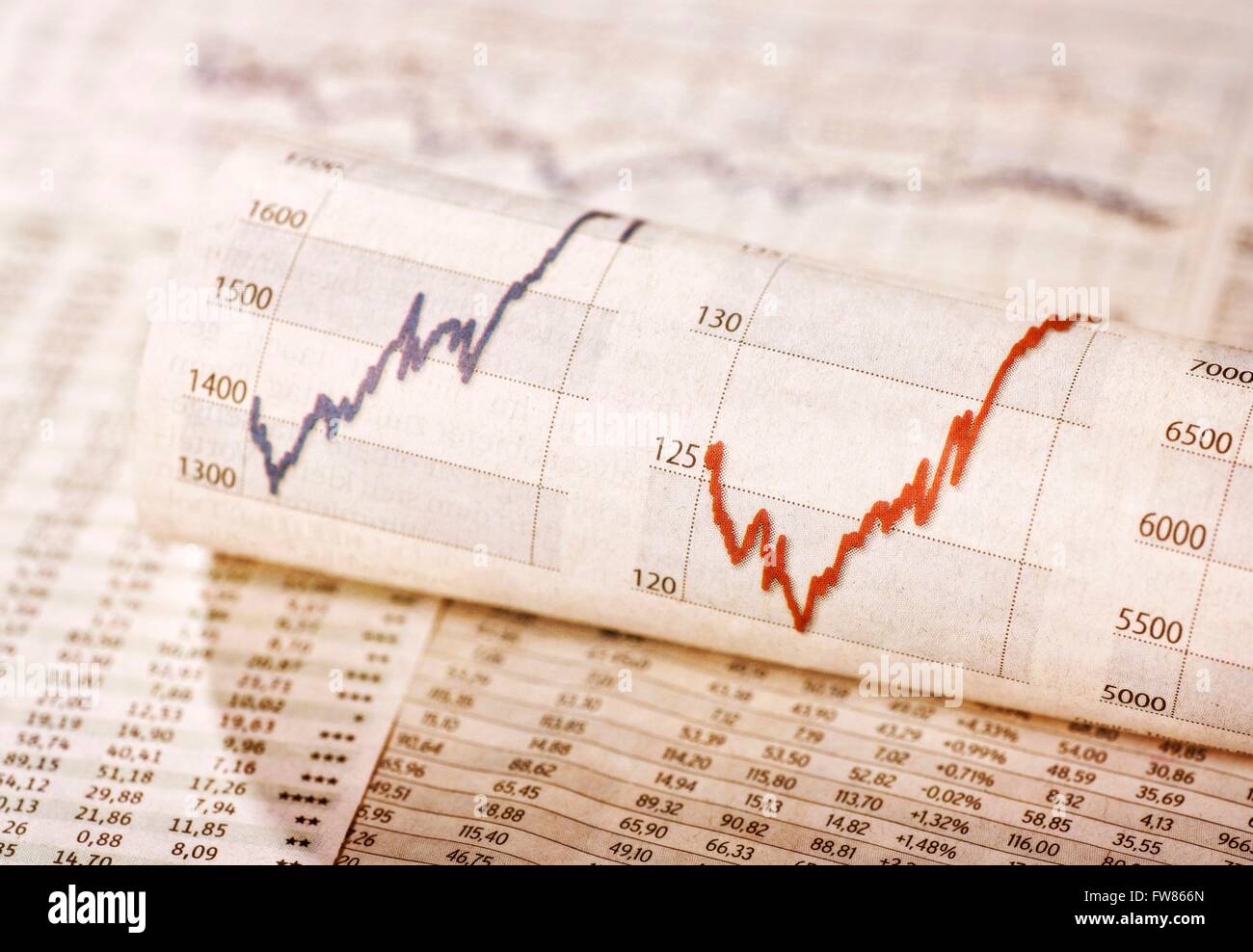 Exchange rate tables and diagrams show different stock prices. Stock Photo