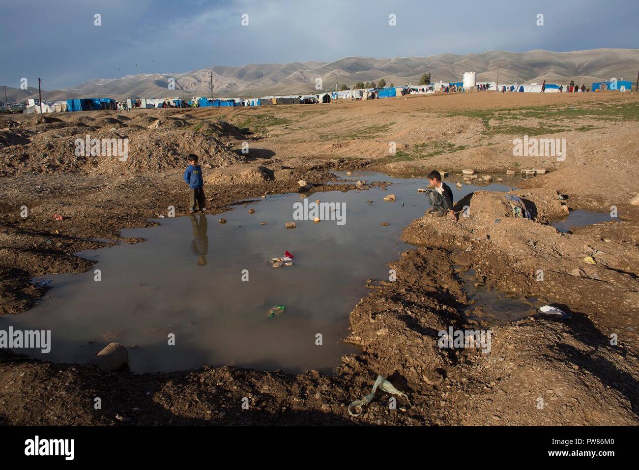 stagnant water in a refugee camp in Northern Iraq. Stock Photo
