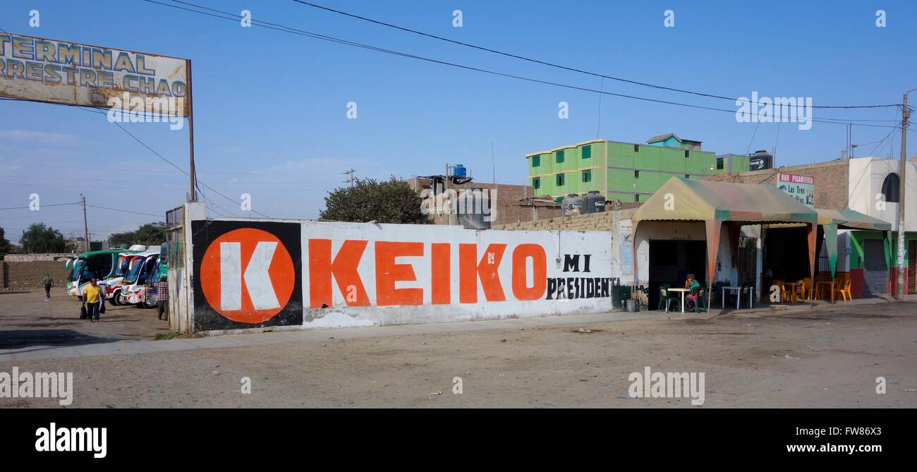 'Keiko - my president' is written on a wall of the bus terminal of the town Chao in Peru. The daughter of the former peruvian president Alberto Fujimori, now in prison because of crimes against humanity, runs for the presidential elections in April 2016. Photo: 2015, July 23. Stock Photo