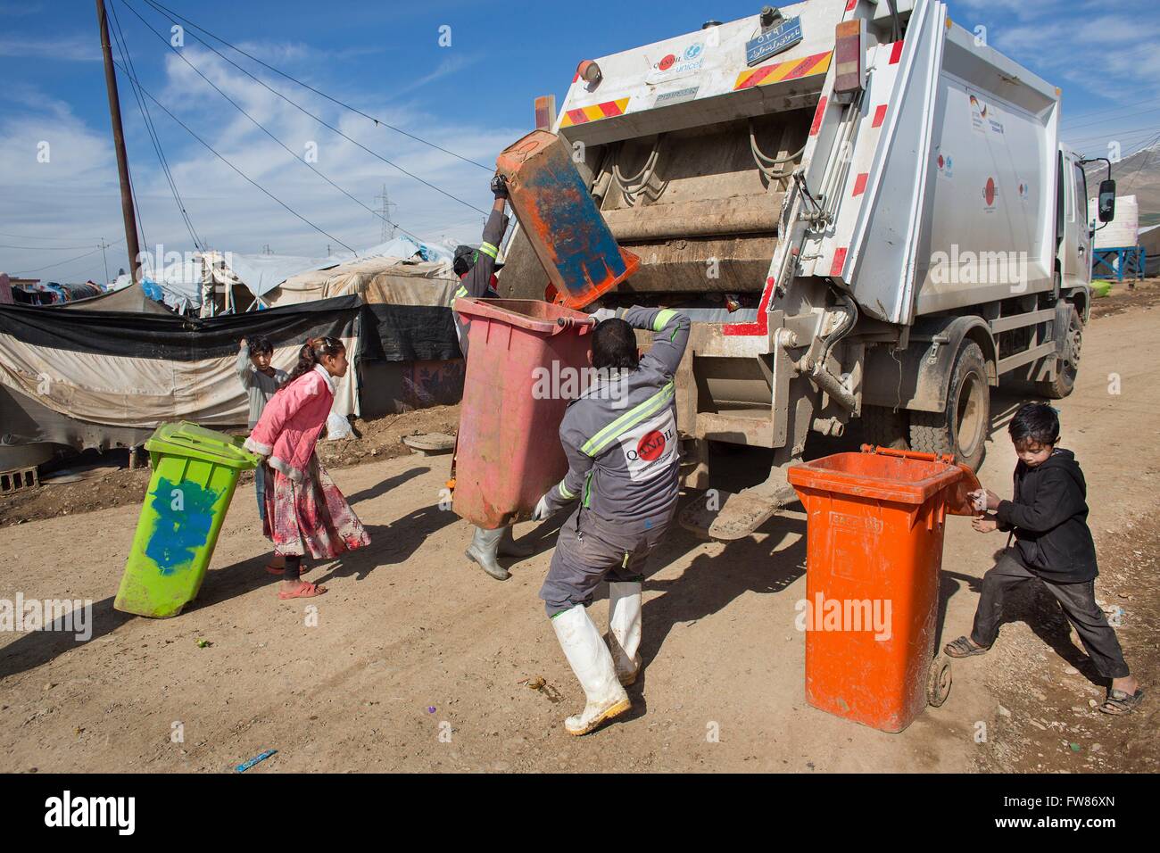 waste collection in a refugee camp in Northern Iraq Stock Photo