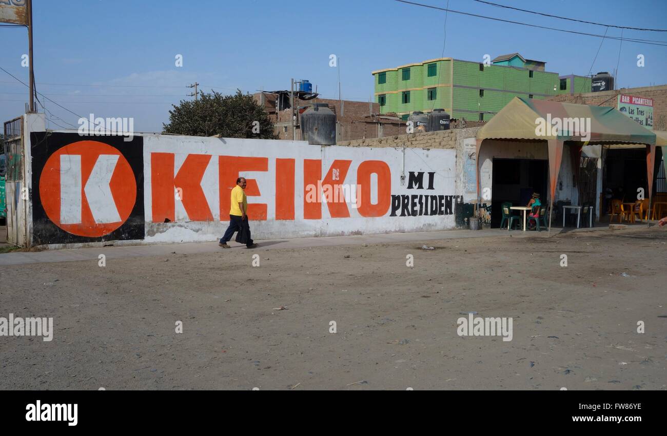 'Keiko - my president' is written on a wall of the bus terminal of the town Chao in Peru. The daughter of the former peruvian president Alberto Fujimori, now in prison because of crimes against humanity, runs for the presidential elections in April 2016. Photo: 2015, July 23. Stock Photo