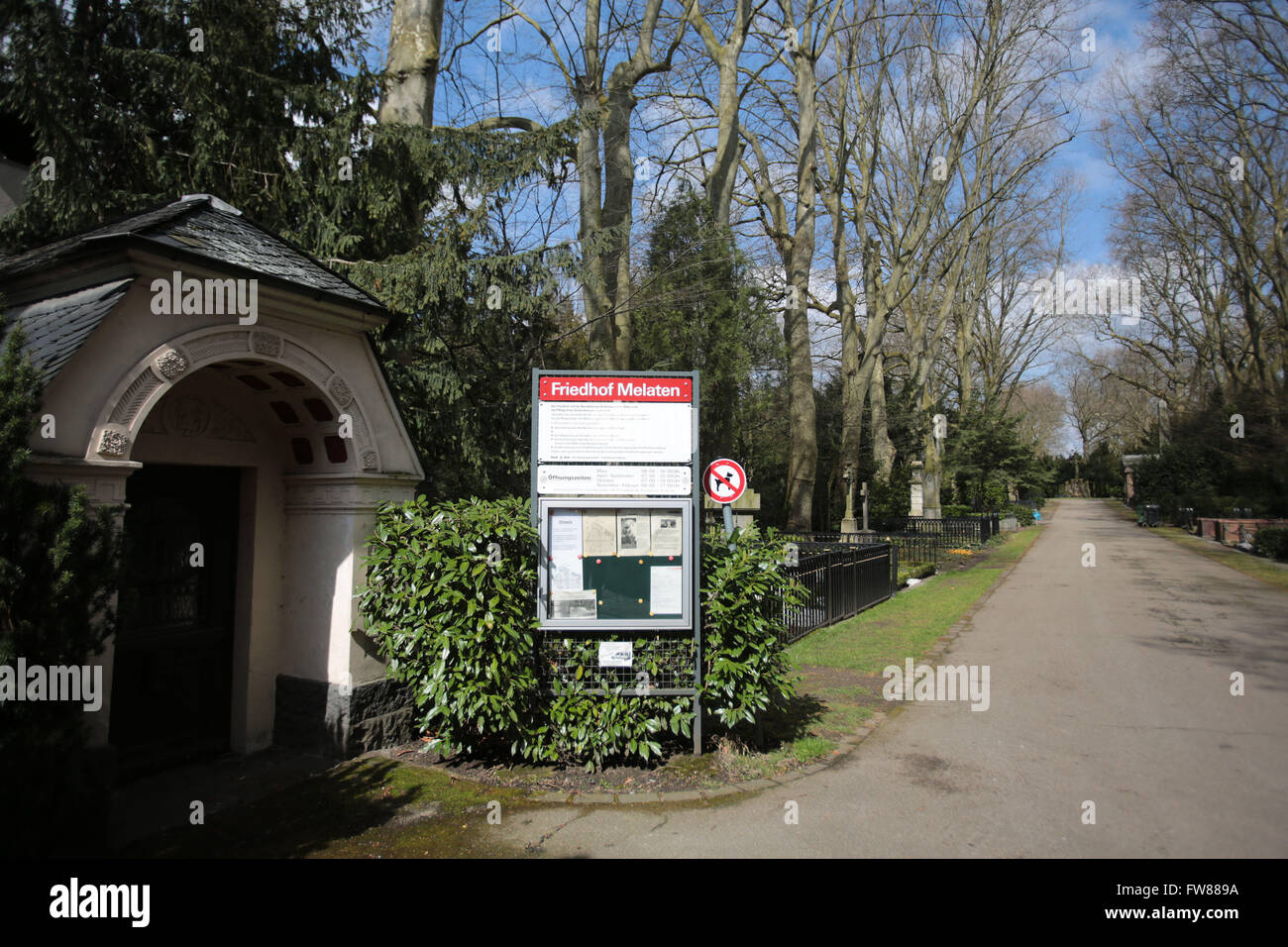 Cologne, Germany. 1st Apr, 2016. The Melatenfriedhof cemetery in Cologne, Germany, 1 April 2016. On 2 April 2016, the funeral service for and burial of former FDP party chairman Guido Westerwelle will take place on the cemetery. Photo: Oliver Berg/dpa/Alamy Live News Stock Photo