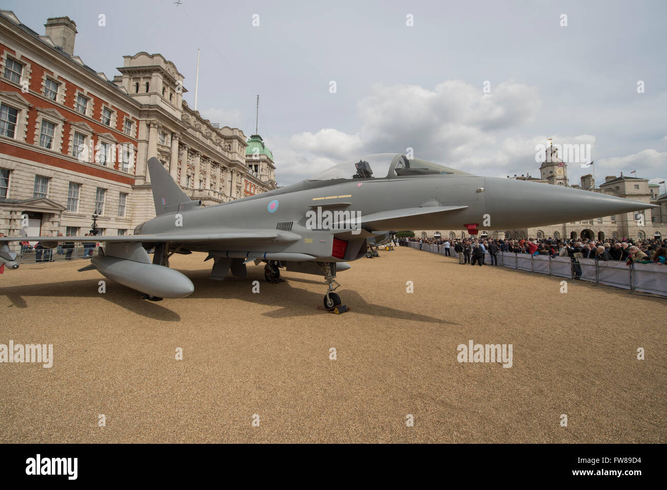 Horse Guards Parade, London, UK. 1st April, 2016. A modern-day Eurofighter Typhoon, iconic second world war Spitfire fighter and world war 1 Sopwith Snipe in central London to celebrate the RAF Museum’s campaign offering members of the public the opportunity to have their name written on the wings of an RAF Red Arrows Hawk Jet that will fly through the 2017 display season. Credit:  Malcolm Park editorial / Alamy Live News. Stock Photo
