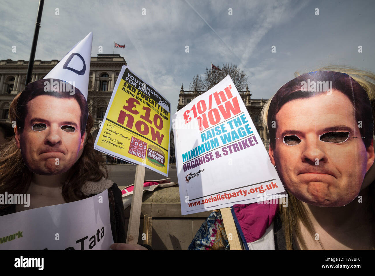 London, UK. 1st April, 2016. Fast Food Rights protest against the National Living Wage outside Downing Street demanding the National Living Wage to be raised to £10 per hour Credit:  Guy Corbishley/Alamy Live News Stock Photo