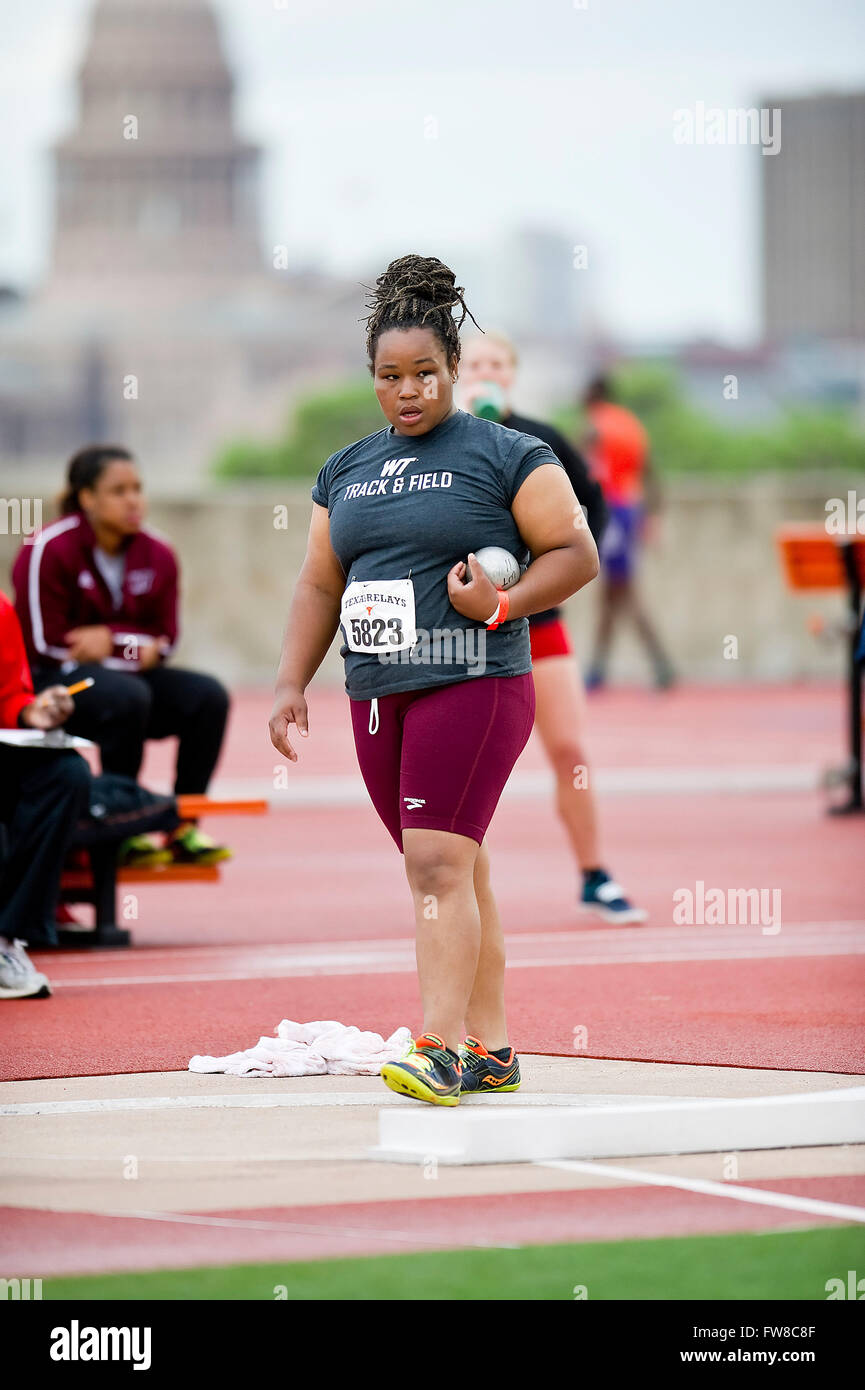 April 01, 2016: Holly Cunigan #5823 with West Texas A&M in action Women's  Shot Put at The Nike Clyde Littlefield Texas Relays, Mike A. Myers Stadium.  Austin, Texas. Mario Cantu/CSM Stock Photo - Alamy