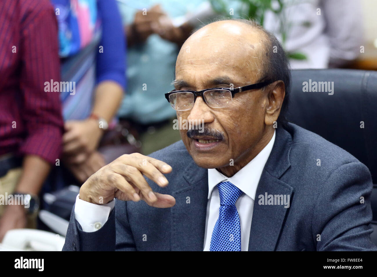 Dhaka 20 March 2016. The newly appointed governor of Bangladesh Bank Fazle Kabir is talking with the press on his first day at his office at the central bank of Bangladesh. The government on March 16 appointed him as the new governor of Bangladesh Bank after the central bank’s $101 million cyber heist. Stock Photo