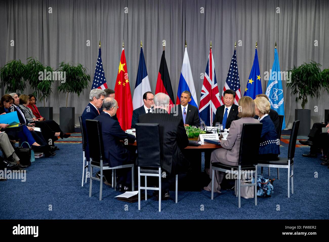 United States President Barack Obama, center, speaks as Xi Jinping, China's president, right, and Francois Hollande, France's president, left, listen during a P5 1 multilateral meeting at the Nuclear Security Summit in Washington, DC, U.S., on Friday, April 1, 2016. After a spate of terrorist attacks from Europe to Africa, Obama is rallying international support during the summit for an effort to keep Islamic State and similar groups from obtaining nuclear material and other weapons of mass destruction. Credit: Andrew Harrer/Pool via CNP - NO WIRE SERVICE - Stock Photo