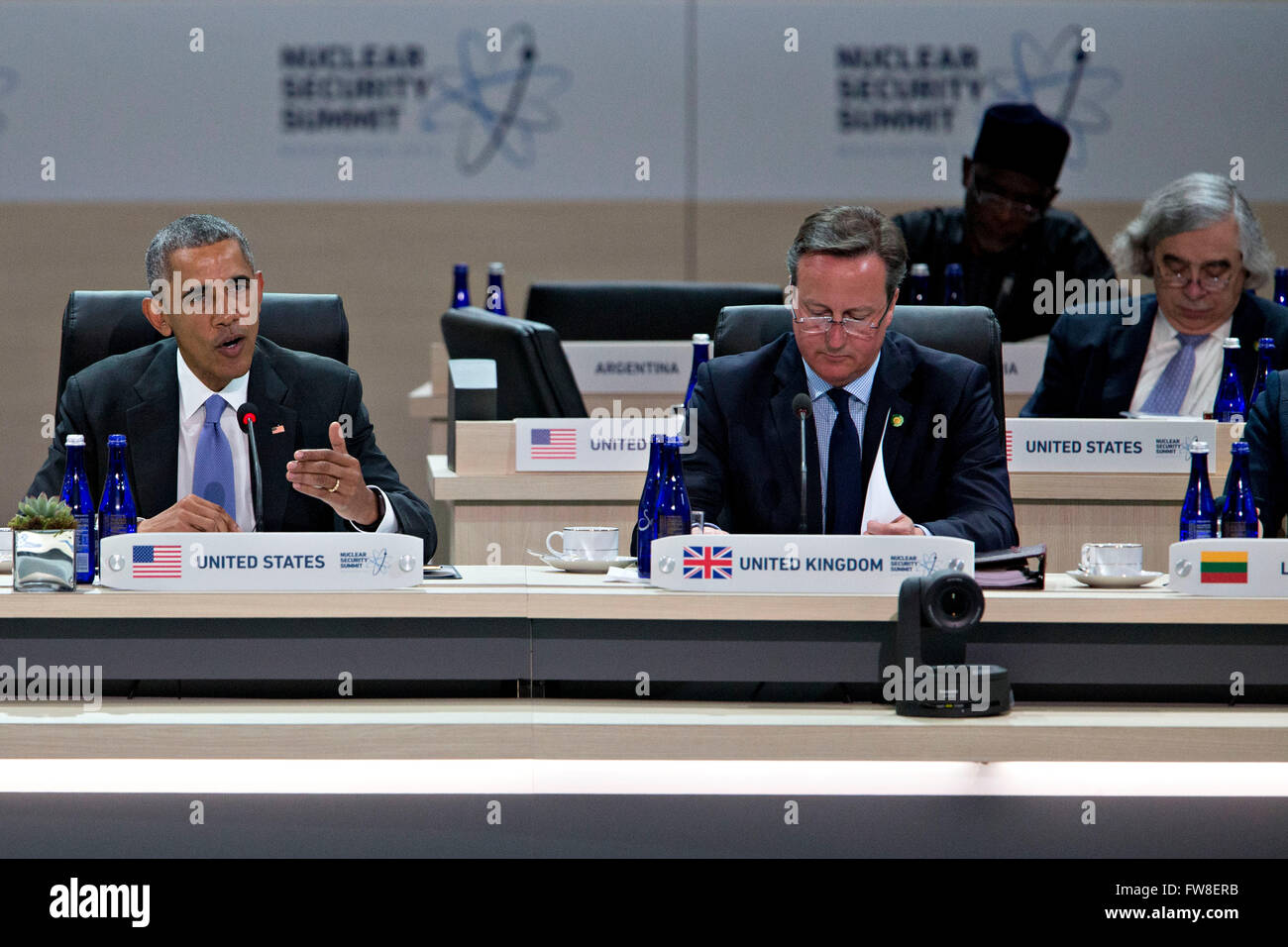 Washington, DC, USA. 1st Apr, 2016. United States President Barack Obama, left, speaks during a closing session with David Cameron, U.K. prime minister, at the Nuclear Security Summit in Washington, DC, U.S., on Friday, April 1, 2016. After a spate of terrorist attacks from Europe to Africa, Obama is rallying international support during the summit for an effort to keep Islamic State and similar groups from obtaining nuclear material and other weapons of mass destruction. Credit: Andrew Harrer/Pool via CNP - NO WIRE SERVICE - © dpa/Alamy Live News Stock Photo