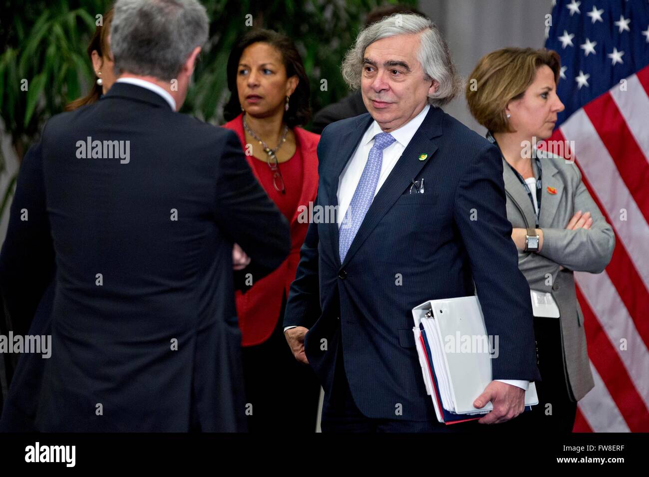 United States Secretary of Energy Ernest Moniz, center, and Susan Rice, U.S. national security advisor, center left, arrive to the P5 1 multilateral meeting at the Nuclear Security Summit in Washington, DC, U.S., on Friday, April 1, 2016. After a spate of terrorist attacks from Europe to Africa, U.S. President Barack Obama is rallying international support during the summit for an effort to keep Islamic State and similar groups from obtaining nuclear material and other weapons of mass destruction. Credit: Andrew Harrer/Pool via CNP - NO WIRE SERVICE - Stock Photo
