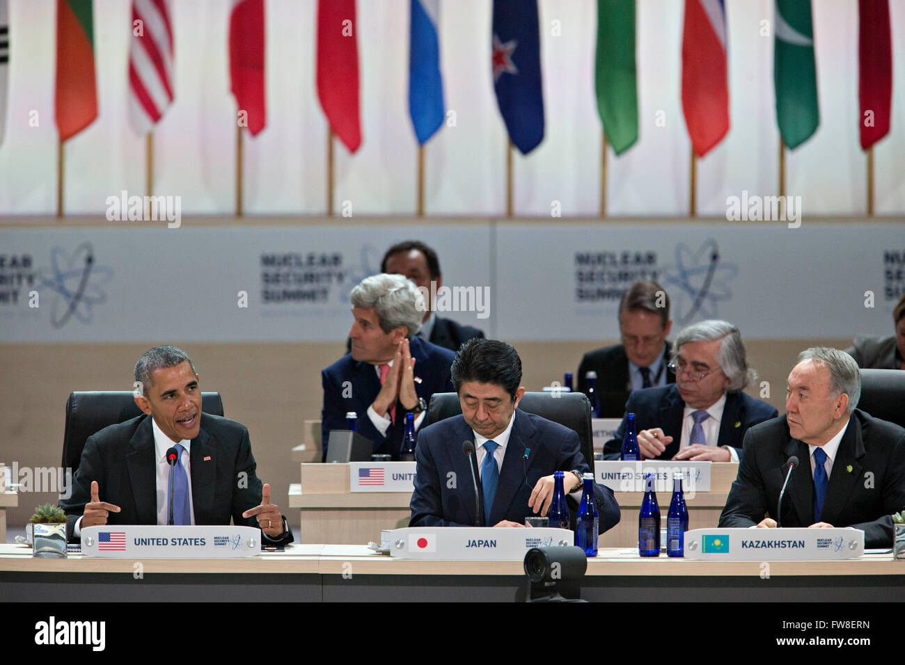 United States President Barack Obama, left, speaks as Shinzo Abe, Japan's prime minister, center, and Nursultan Nazarbayev, Kazakhstan's president, listen during an opening plenary entitled 'National Actions to Enhance Nuclear Security' at the Nuclear Security Summit in Washington, DC, U.S., on Friday, April 1, 2016. After a spate of terrorist attacks from Europe to Africa, Obama is rallying international support during the summit for an effort to keep Islamic State and similar groups from obtaining nuclear material and other weapons of mass destruction. Credit: Andrew Harrer/Pool via CNP Stock Photo