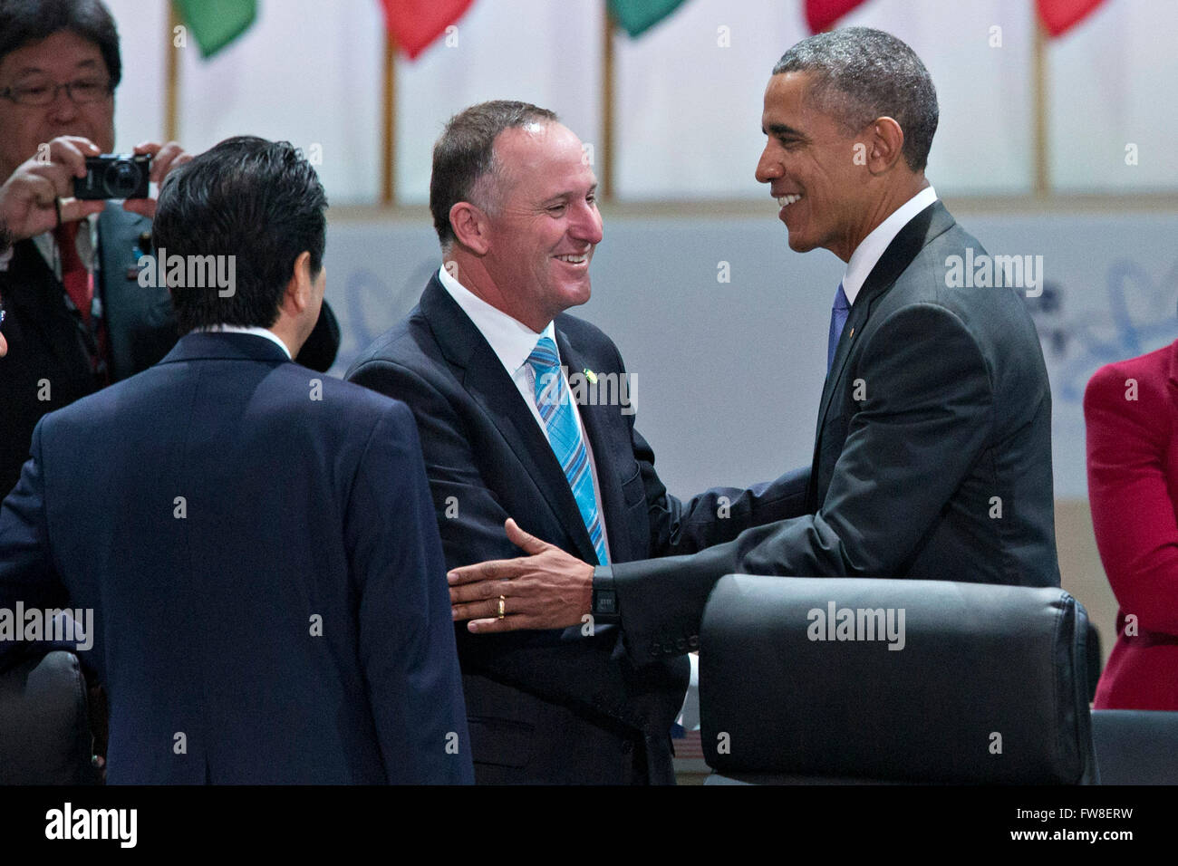United States President Barack Obama left, shakes hands with John Key, New Zealand's prime minister, during an opening plenary entitled 'National Actions to Enhance Nuclear Security' at the Nuclear Security Summit in Washington, DC, U.S., on Friday, April 1, 2016. After a spate of terrorist attacks from Europe to Africa, Obama is rallying international support during the summit for an effort to keep Islamic State and similar groups from obtaining nuclear material and other weapons of mass destruction. Credit: Andrew Harrer/Pool via CNP - NO WIRE SERVICE - Stock Photo