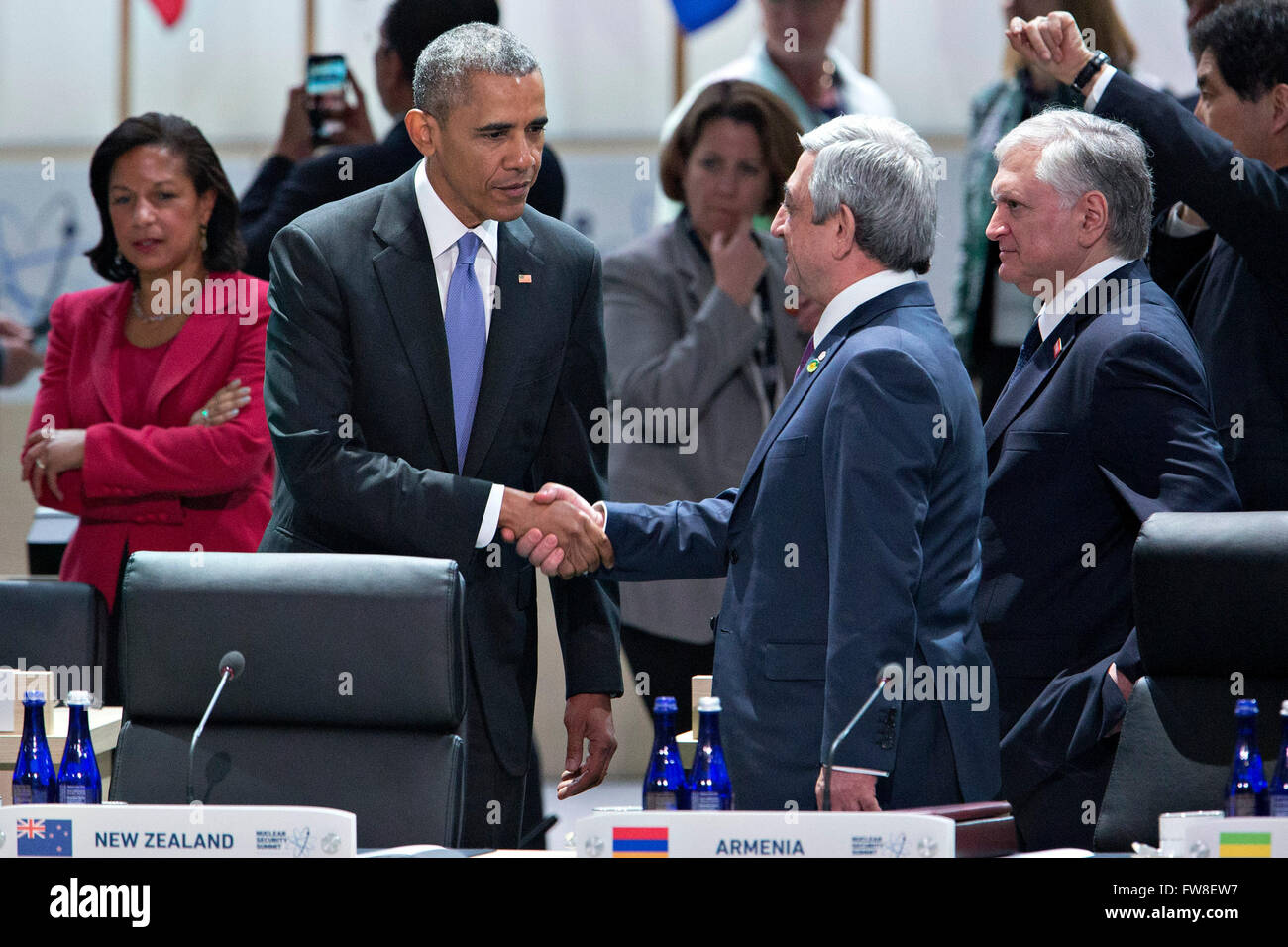 United States President Barack Obama left, shakes hands with Serzh Sargsyan, Armenia's president, during an opening plenary entitled 'National Actions to Enhance Nuclear Security' at the Nuclear Security Summit in Washington, DC, U.S., on Friday, April 1, 2016. After a spate of terrorist attacks from Europe to Africa, Obama is rallying international support during the summit for an effort to keep Islamic State and similar groups from obtaining nuclear material and other weapons of mass destruction. Credit: Andrew Harrer/Pool via CNP - NO WIRE SERVICE - Stock Photo