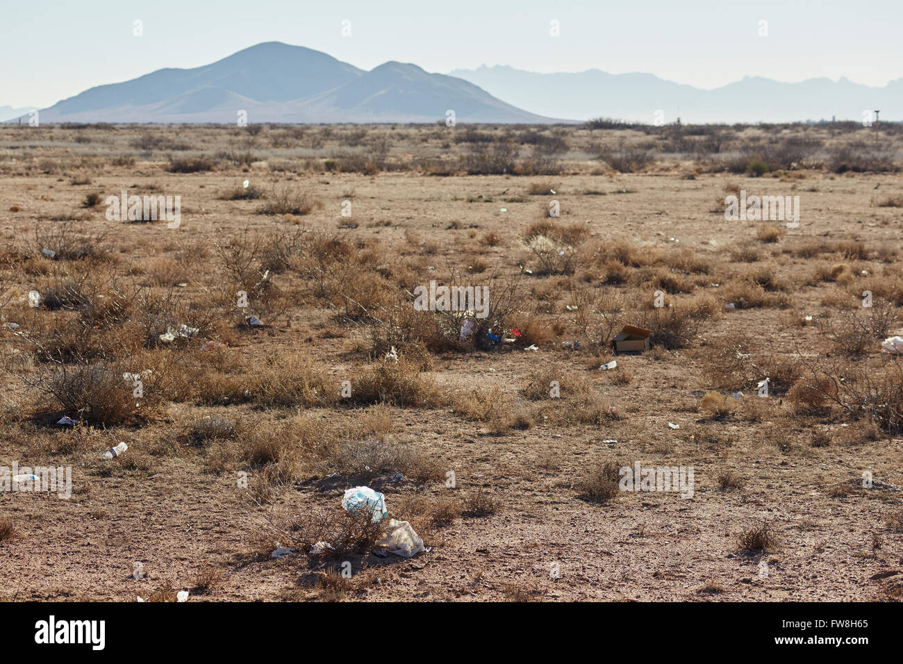 rubbish, garbage, trash strewn range land, near Deming, New Mexico, USA Stock Photo