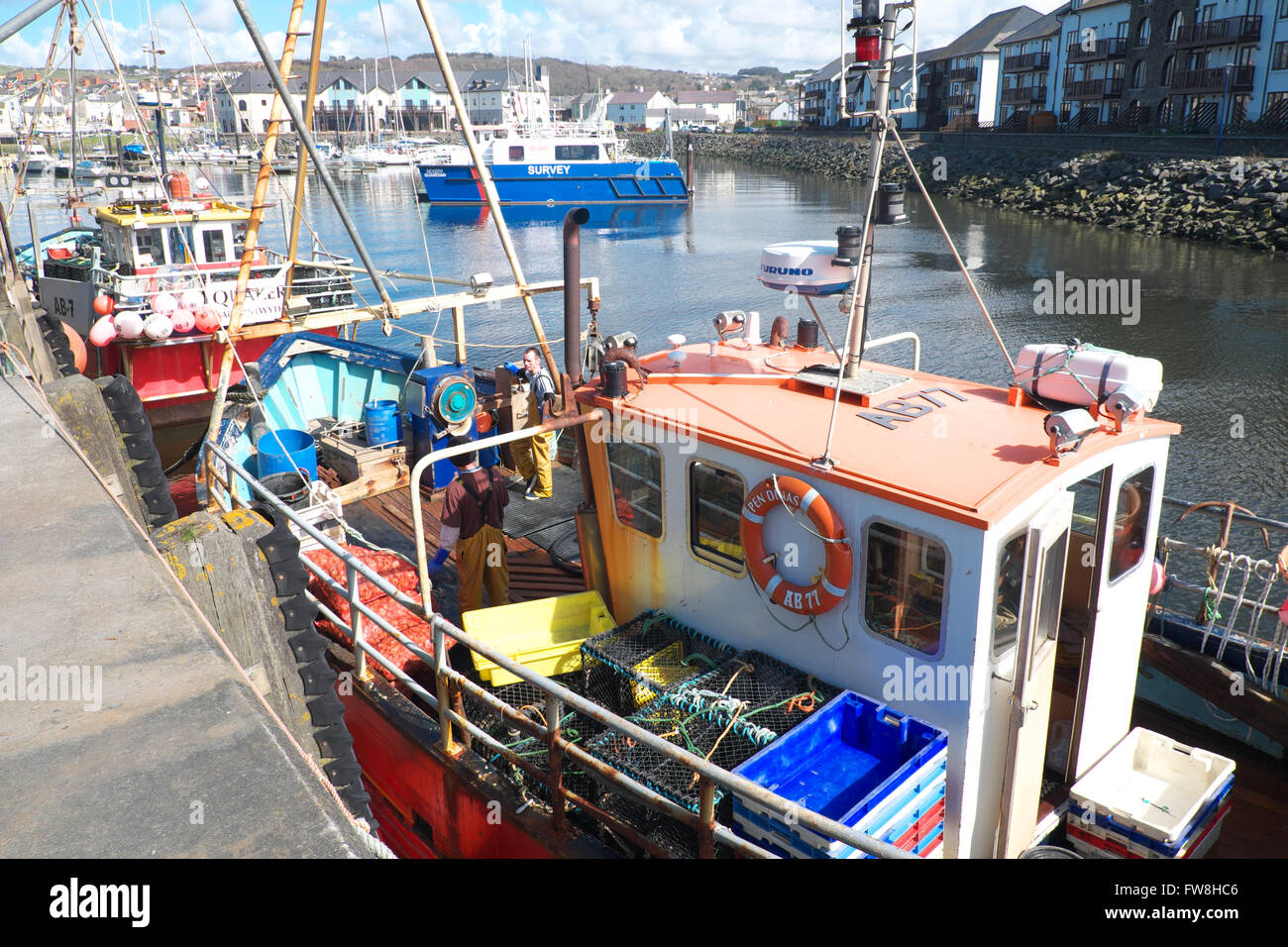 Aberystwyth harbour Wales fishing boats at the quayside harbourside
