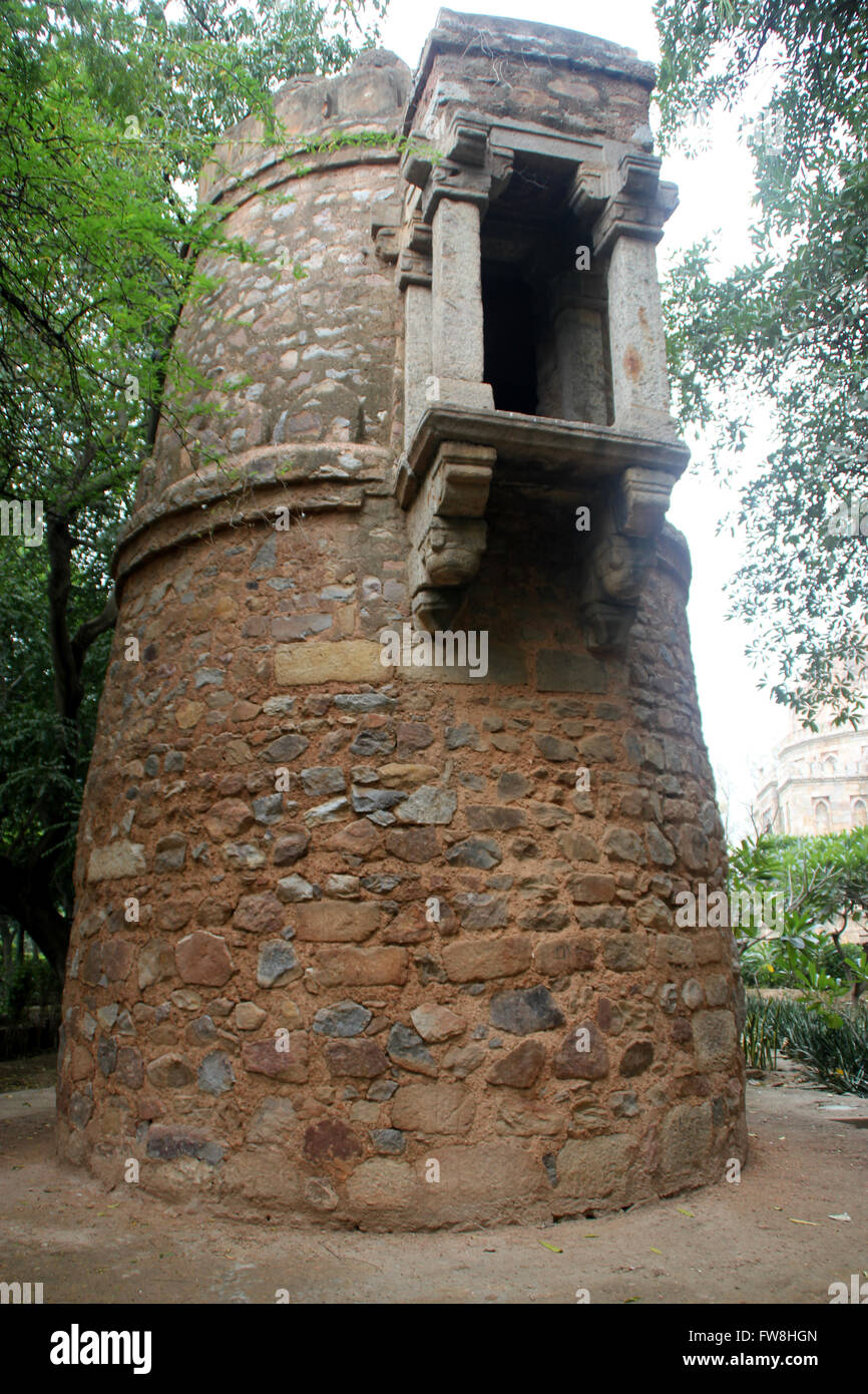 Turret from Lodhi Period, Lodhi Gardens, constructed from rubble masonry, lower level with a room, upper with jharokha Stock Photo