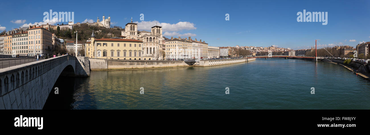 Lyon, France - March 26, 2016: Panoramic view of the old town of Lyon, the Saone river and the Bonaparte bridge. Stock Photo