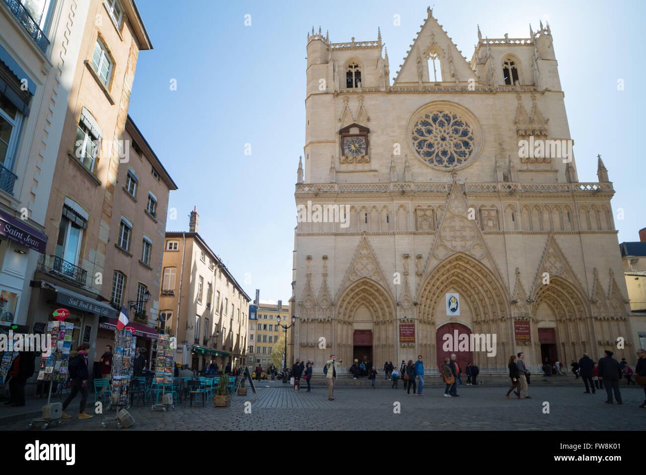 Lyon, France - March 26, 2016: The Saint Jean Cathedral and the Saint Jean square, located in the old town of Lyon. Stock Photo