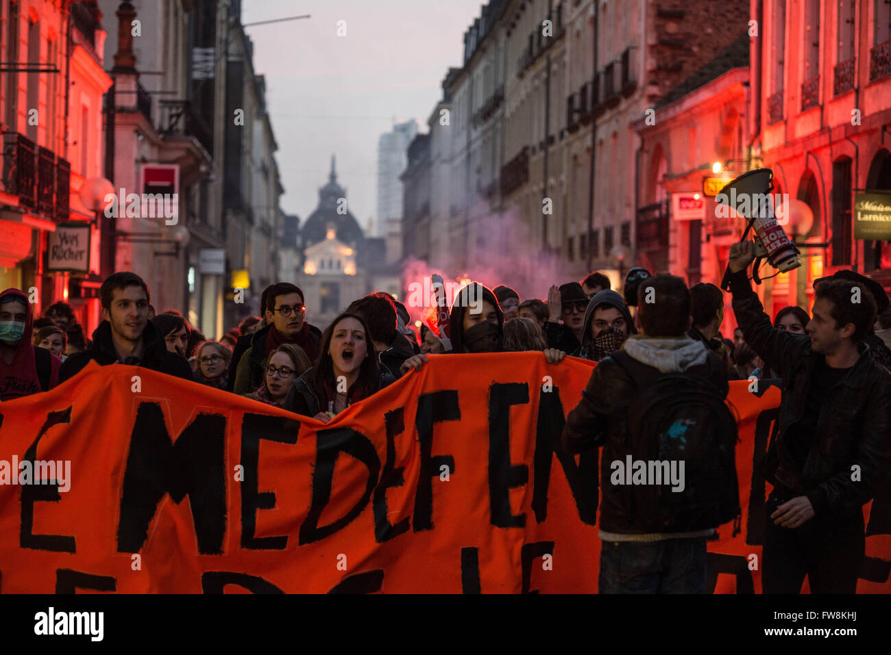 France-Rennes, March 15,2016  Students gathered in the center of Rennes, Tuesday evening. They protest against the law El Khomri.  Photo:KEVIN NIGLAUT/ IMAGESPIC Stock Photo