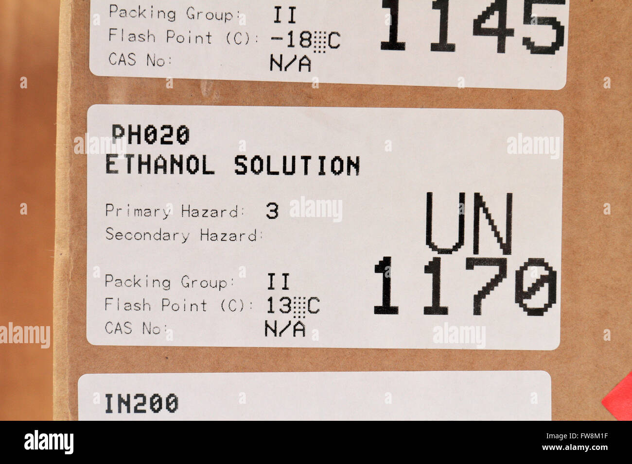 A UN ID label (for UN1170, ethanol solution) label on the packaging of