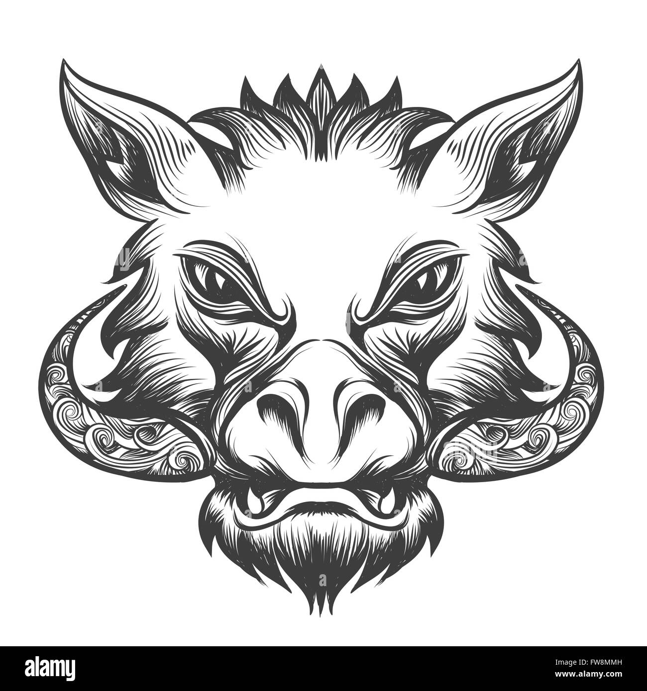 Boar head drawn in tattoo style. Isolated on white. Stock Vector