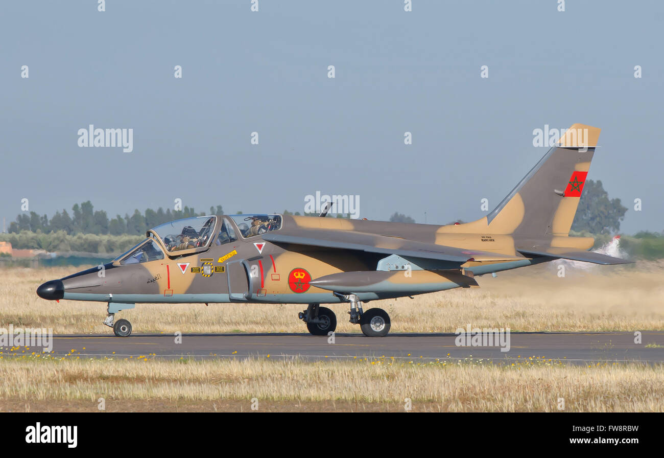 A Royal Moroccan Air Force Alpha Jet at the Marrakech Air Show in Morocco. Stock Photo