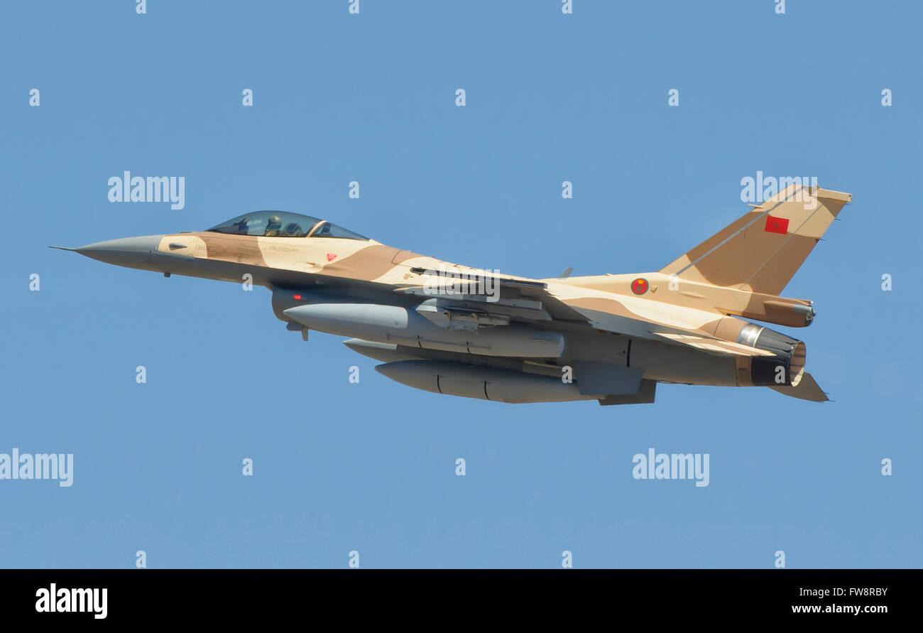 A Royal Moroccan Air Force F-16 Block 52+ at the Marrakech Air Show in Morocco. Stock Photo