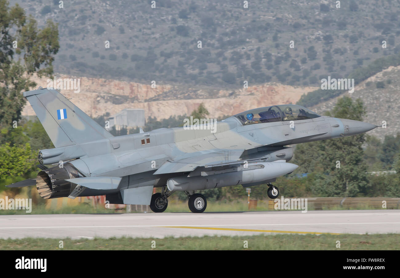 Hellenic Air Force F-16D taking off from Araxos Air Base, Greece. Stock Photo