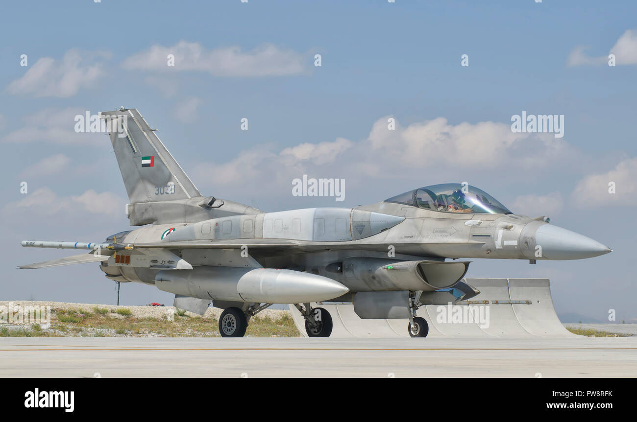A United Arab Emirates Air Force F-16 Block 52+ during Exercise Anatolian Eagle at Albacete Air Base, Spain. Stock Photo