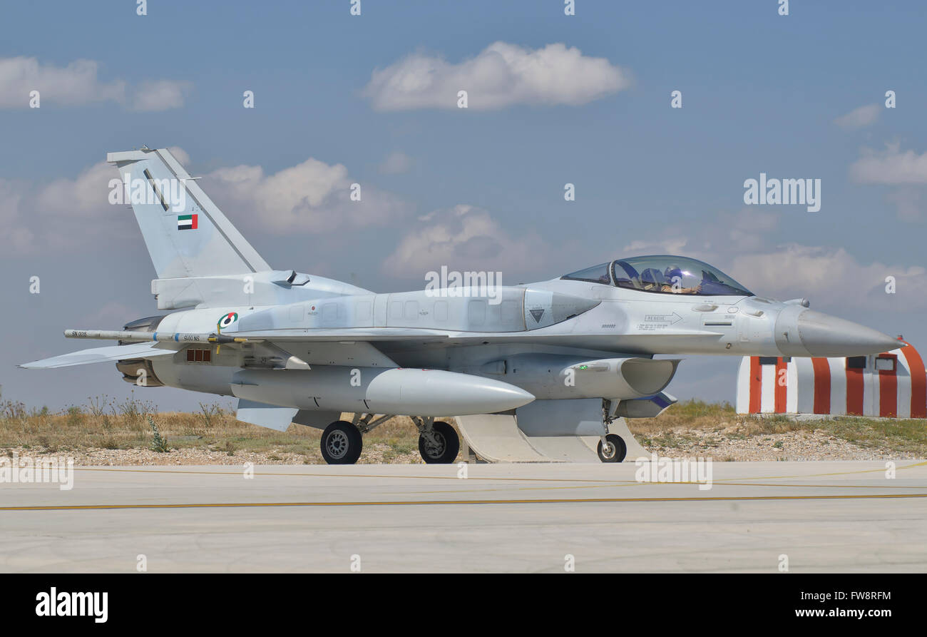 A United Arab Emirates Air Force F-16 Block 52+ during Exercise Anatolian Eagle at Albacete Air Base, Spain. Stock Photo