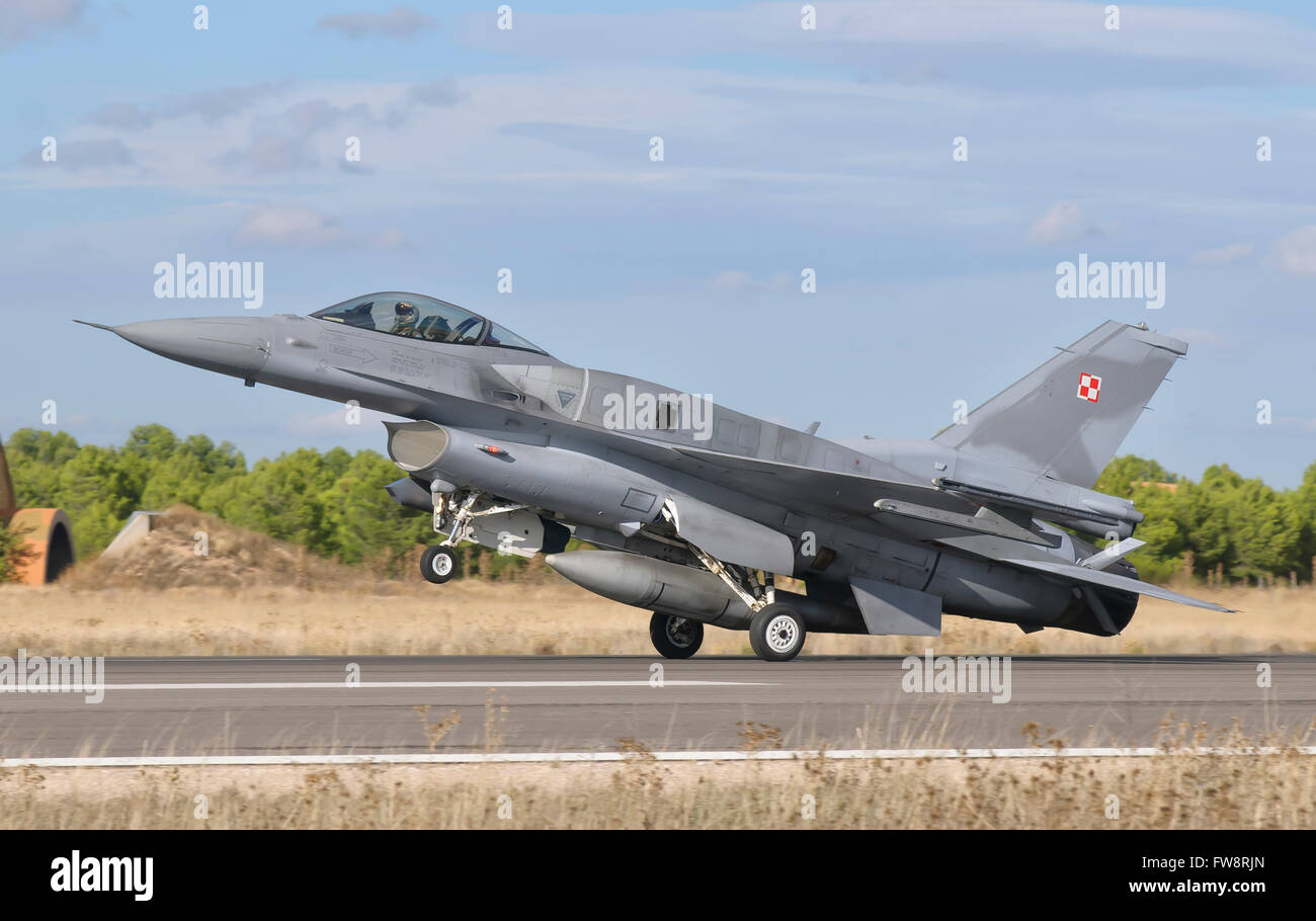 A Polish Air Force F-16 Block 52+ during TLP at Albacete Air Base, Spain. Stock Photo