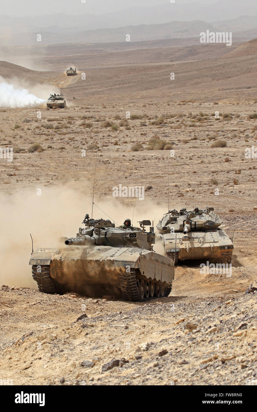 Merkava III main battle tanks in the Negev Desert, Israel. Stock Photo